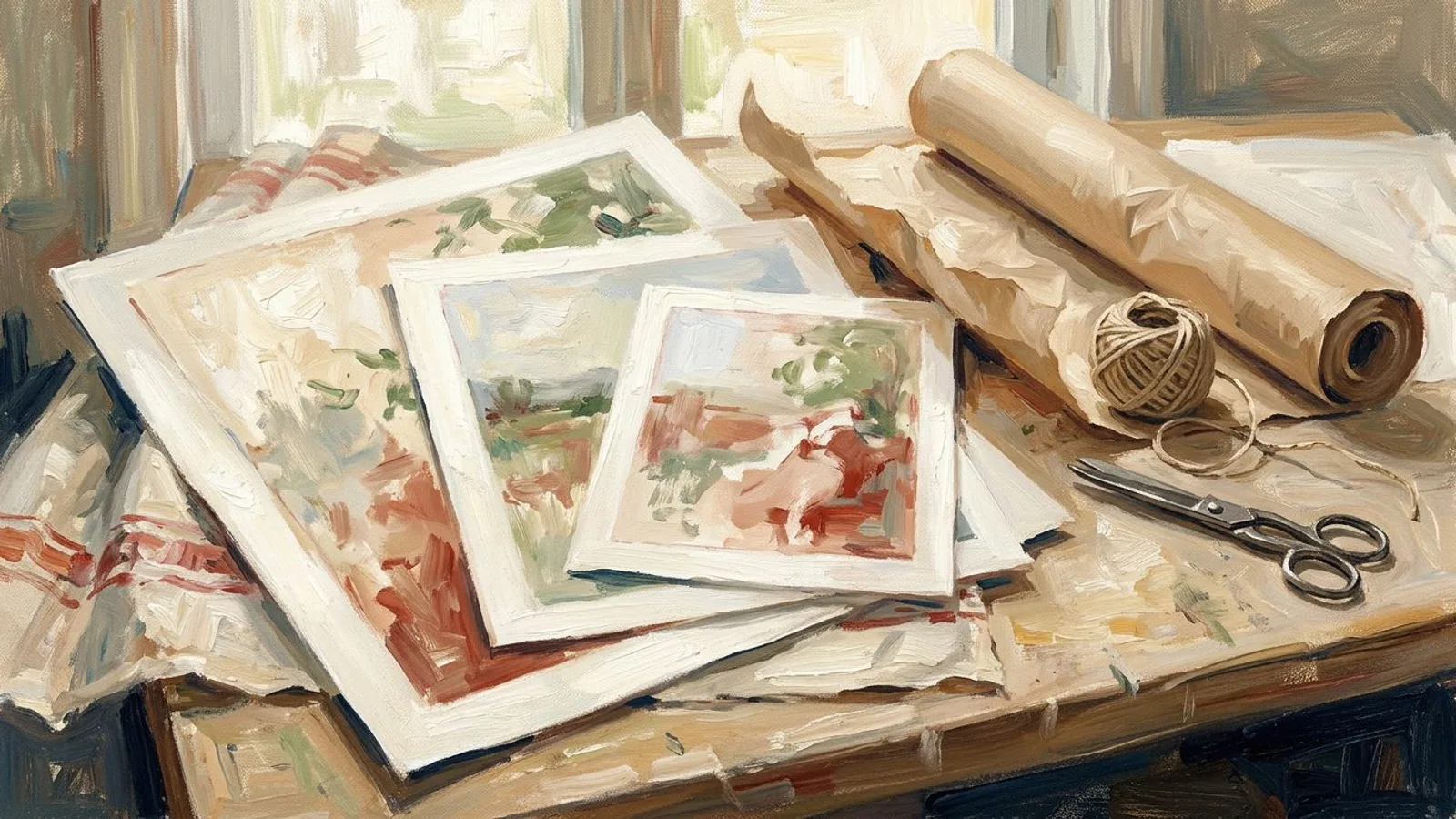 Loose art prints in three sizes fanned out on a worktable beside kraft paper and twine, ready to be wrapped.