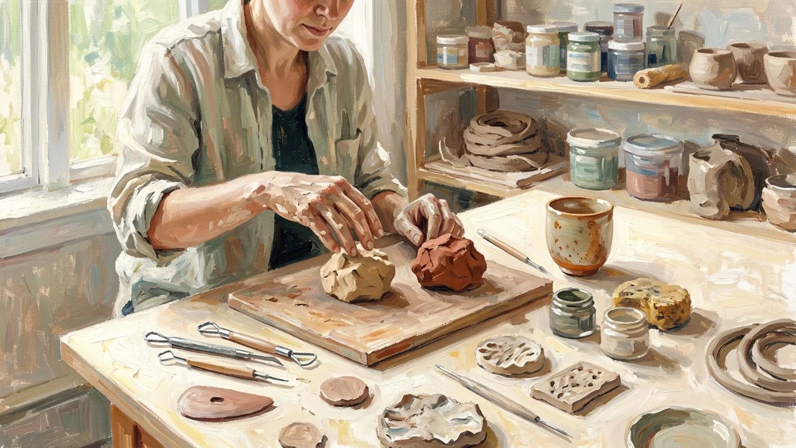 Ceramicist comparing clay samples at a bright workbench with tools and a finished cup