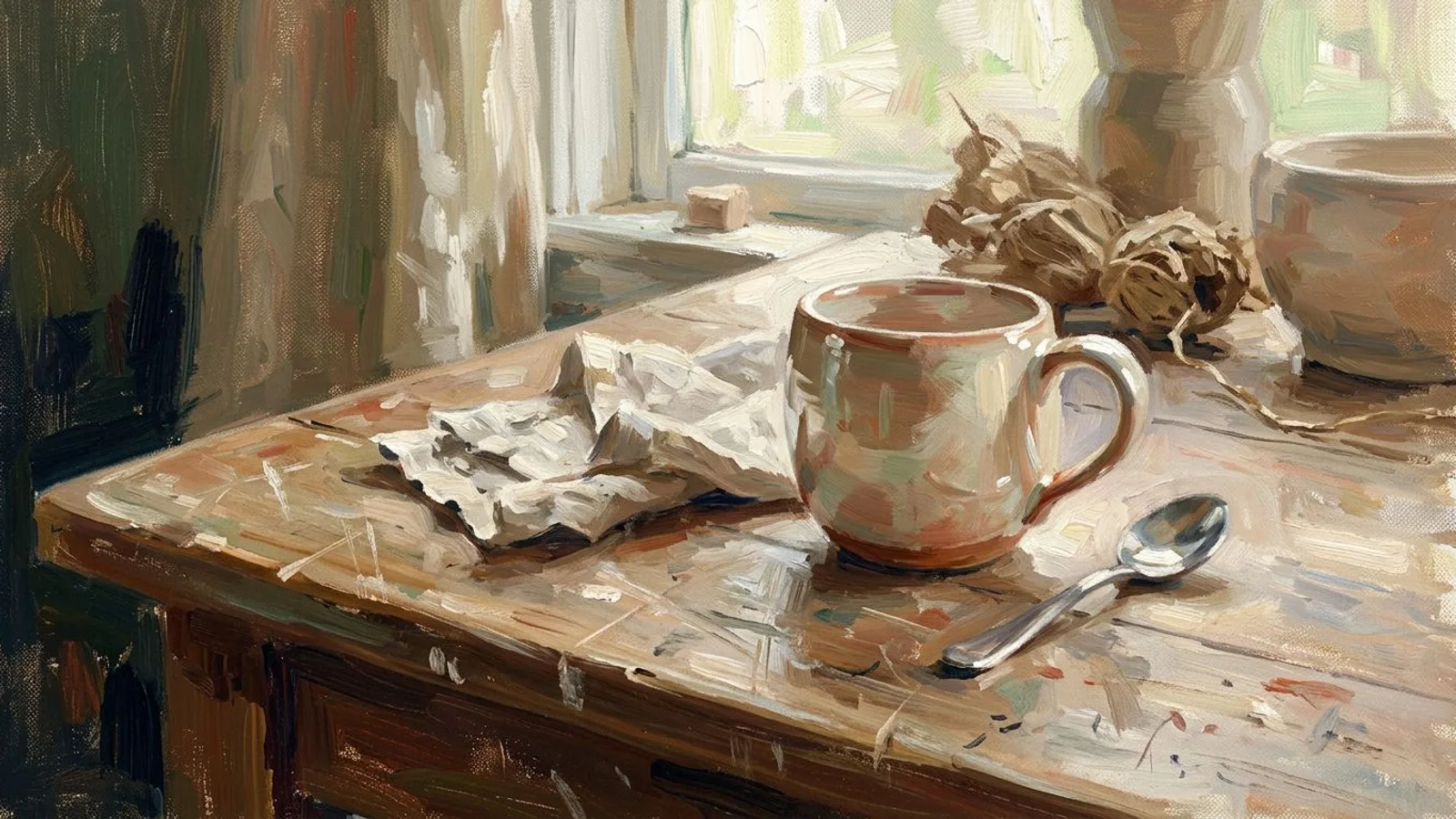 Hand-thrown ceramic cup on a wooden breakfast table in soft morning light