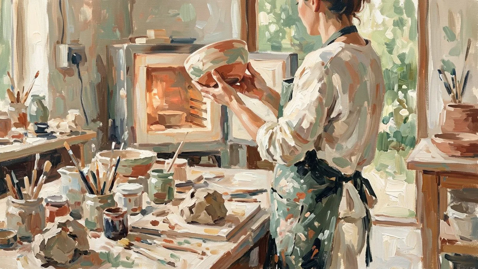 A ceramist holds a finished bowl above a cluttered workbench, a kiln glowing behind her