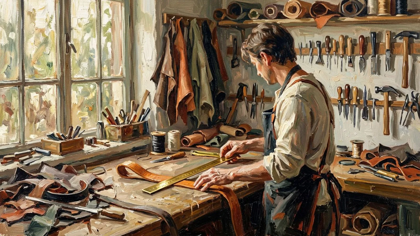 A leather worker measures a strap with a brass ruler in a small workshop
