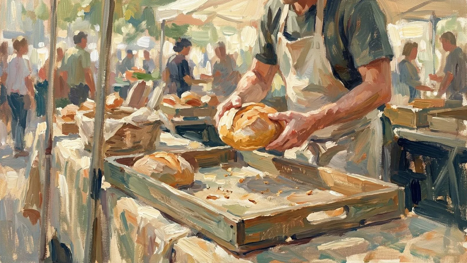A baker lifting the last loaf from a nearly empty market tray in warm morning light.