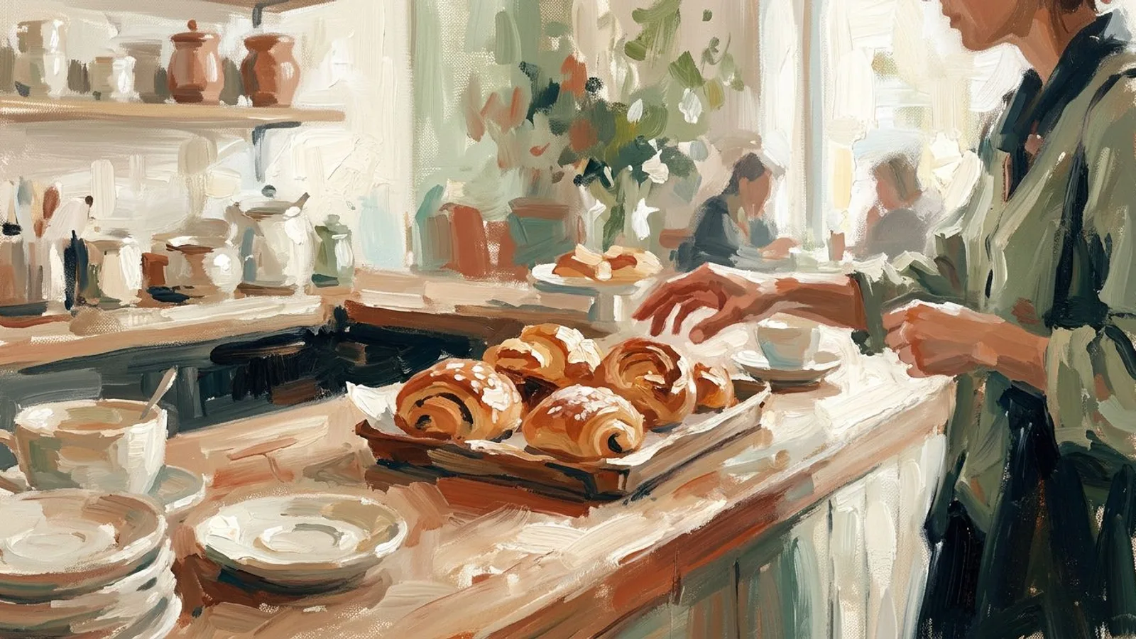 A cafe counter with a small tray of pastries as a regular reaches for one in soft daylight.