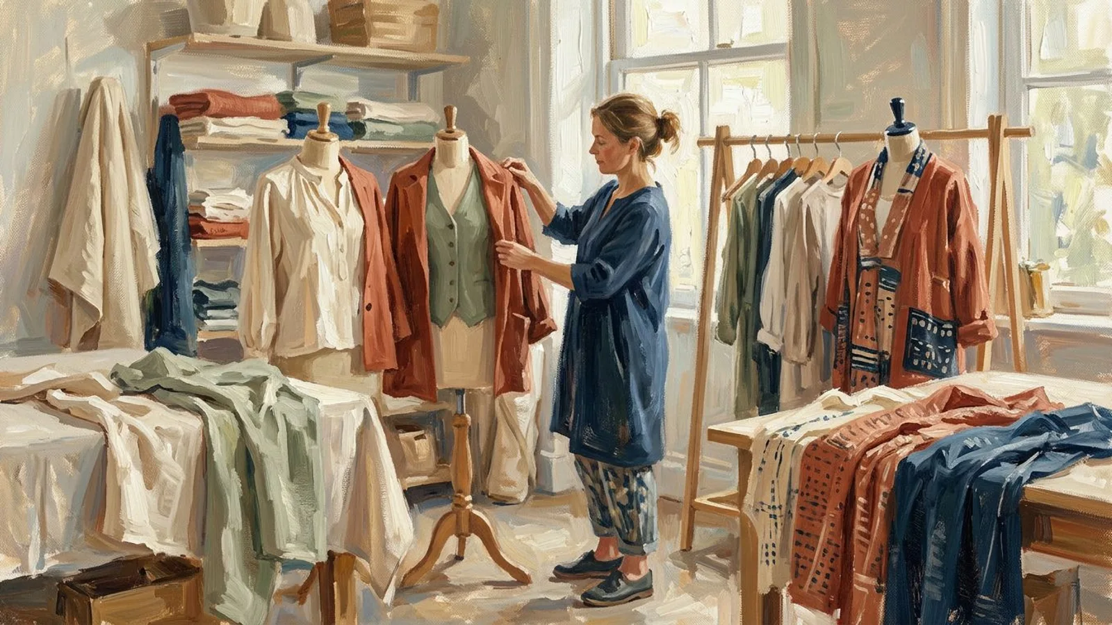 La persona responsable de una marca combina una chaqueta de color óxido en varios conjuntos sobre maniquíes dentro de un estudio luminoso.