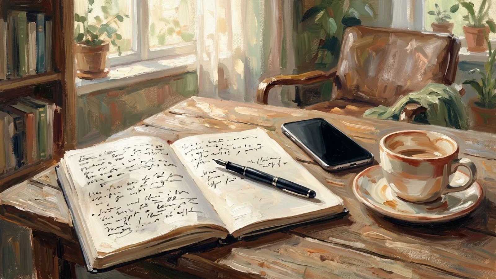 An open notebook with handwritten notes on a coach's desk, pen on the page, phone face down, afternoon light