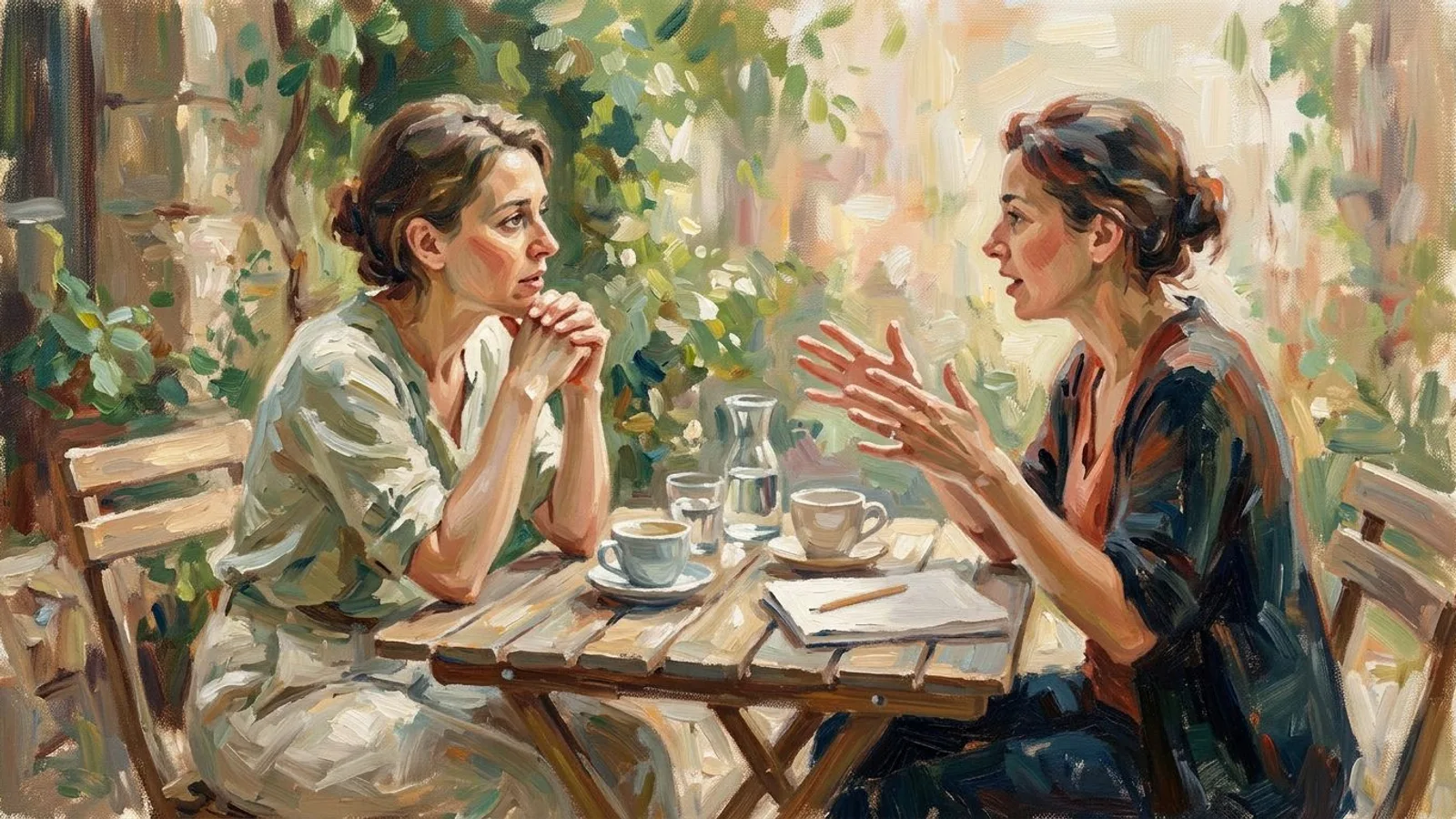 Two people in a coaching conversation at a small table, one listening closely, two cups between them