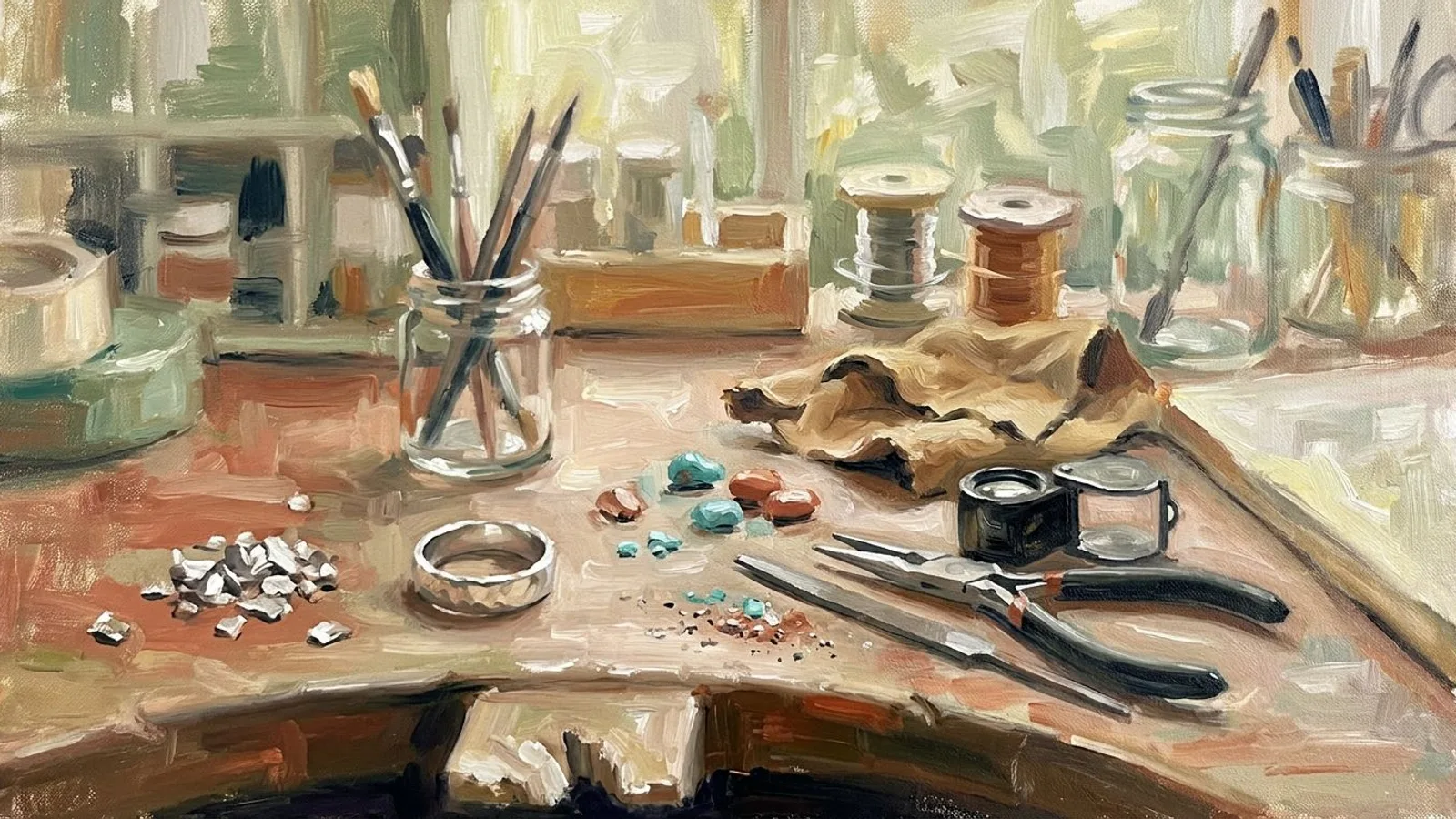 Goldschmiedebank mit unfertigem Ring, rohem Metall, Feilen und Zangen in weichem Tageslicht