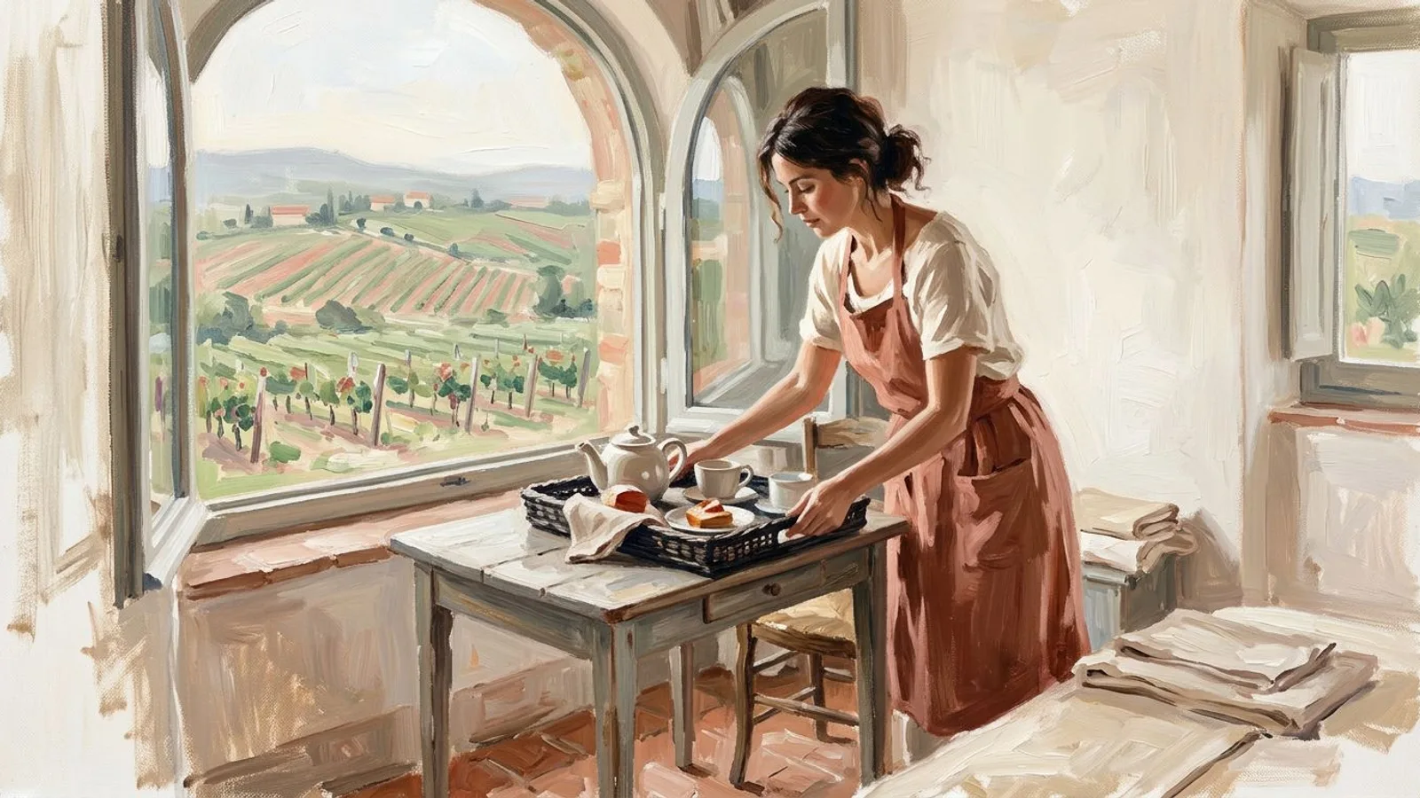 Un hotelero prepara una bandeja de desayuno junto a una ventana con vistas a los viñedos.