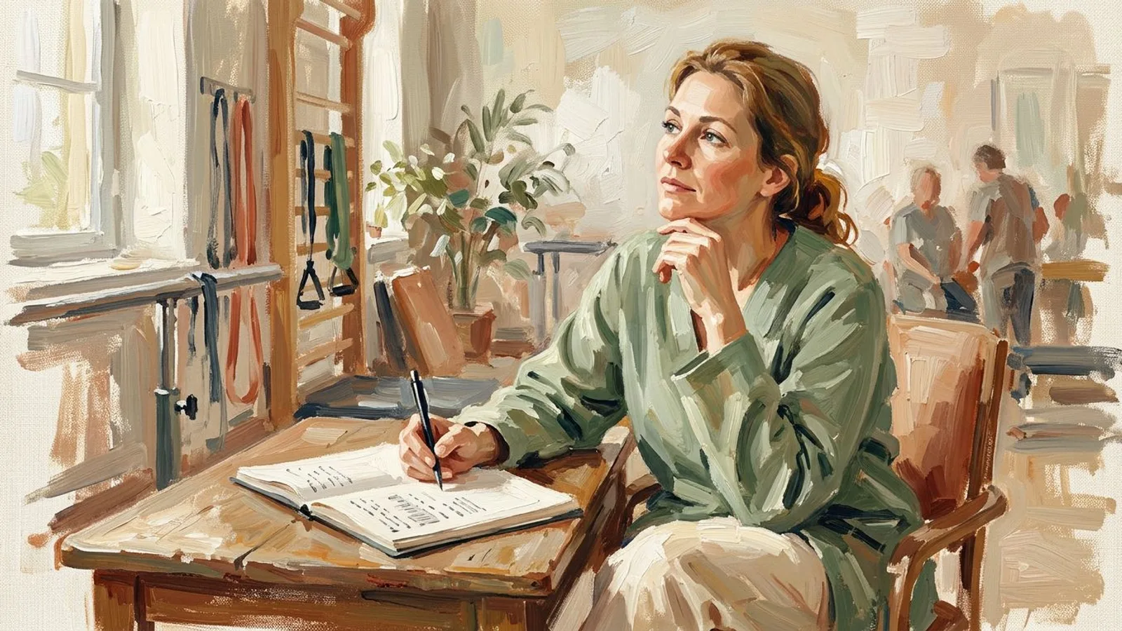 A physiotherapist pausing with a notebook, thinking through a patient's recovery before writing about it.