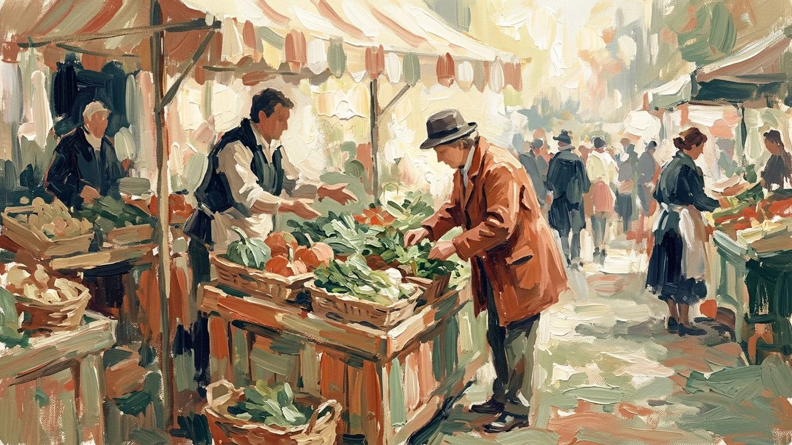 A restaurant owner selecting vegetables from a local supplier's stall at the morning market.