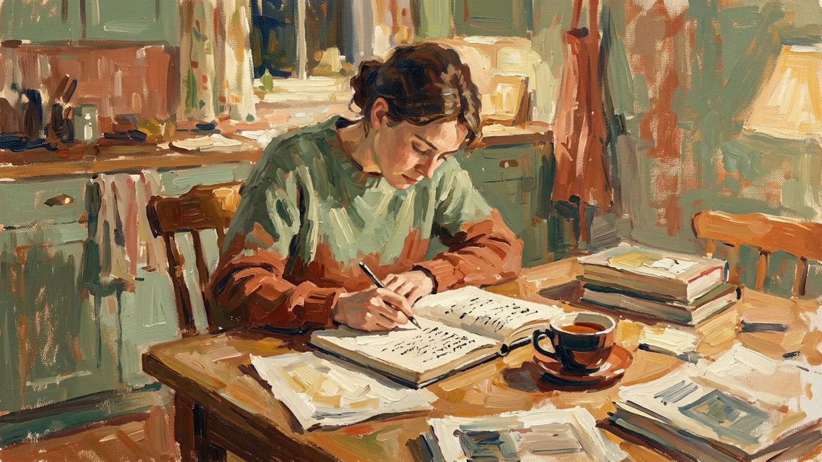 Someone at a kitchen table late at night, notebook open, reworking the same idea by hand.