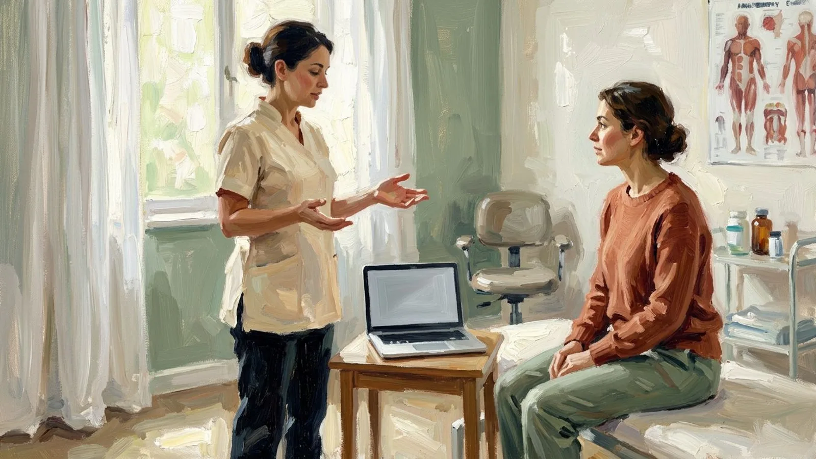 A physiotherapist explaining a new remote consultation service to a patient in a quiet clinic room.