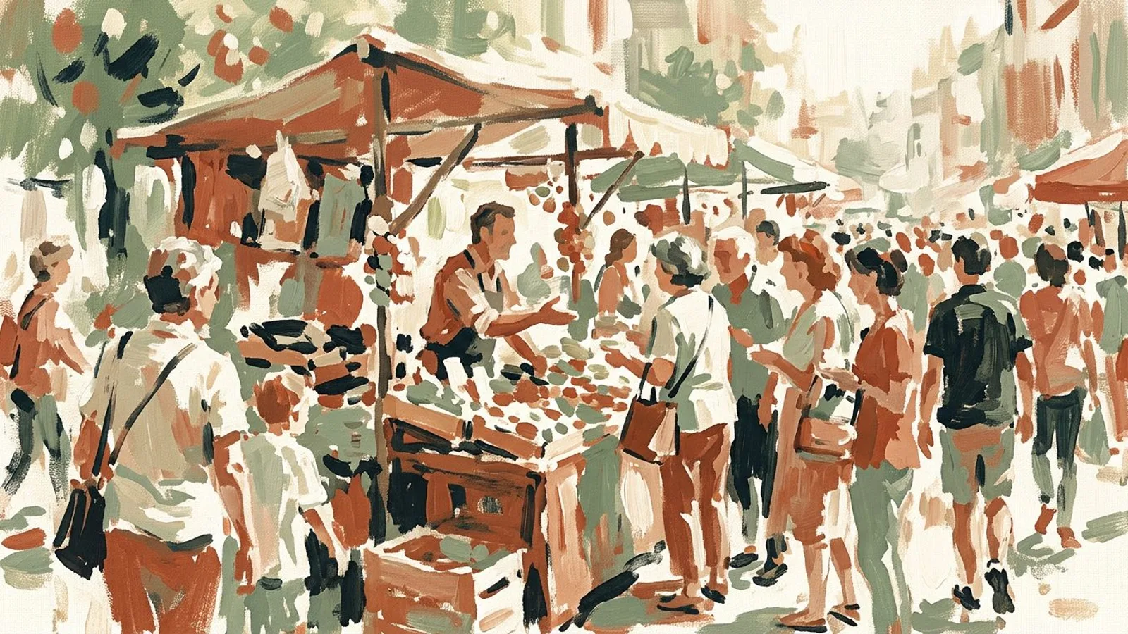 Eine kurze Menschentraube an einem Marktstand während eines Eintagesverkaufs, der Verkäufer begrüßt neue Gesichter.