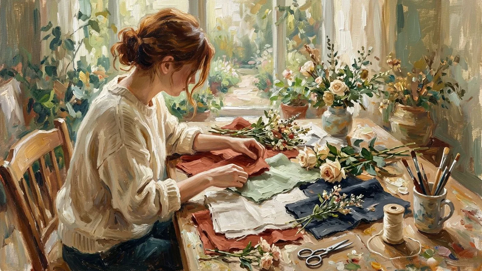 Eine zukünftige Braut ordnet Stoffmuster und Blumen auf einem Tisch an, während sie ihr Hochzeits-Moodboard zusammenstellt.