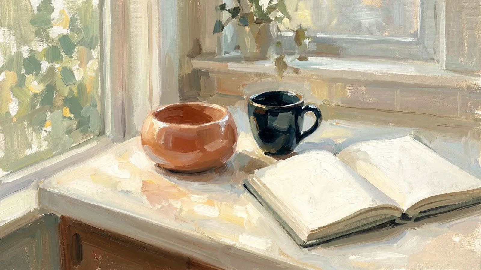 The same kind of product resting on a sunlit kitchen counter beside a coffee cup and an open notebook.