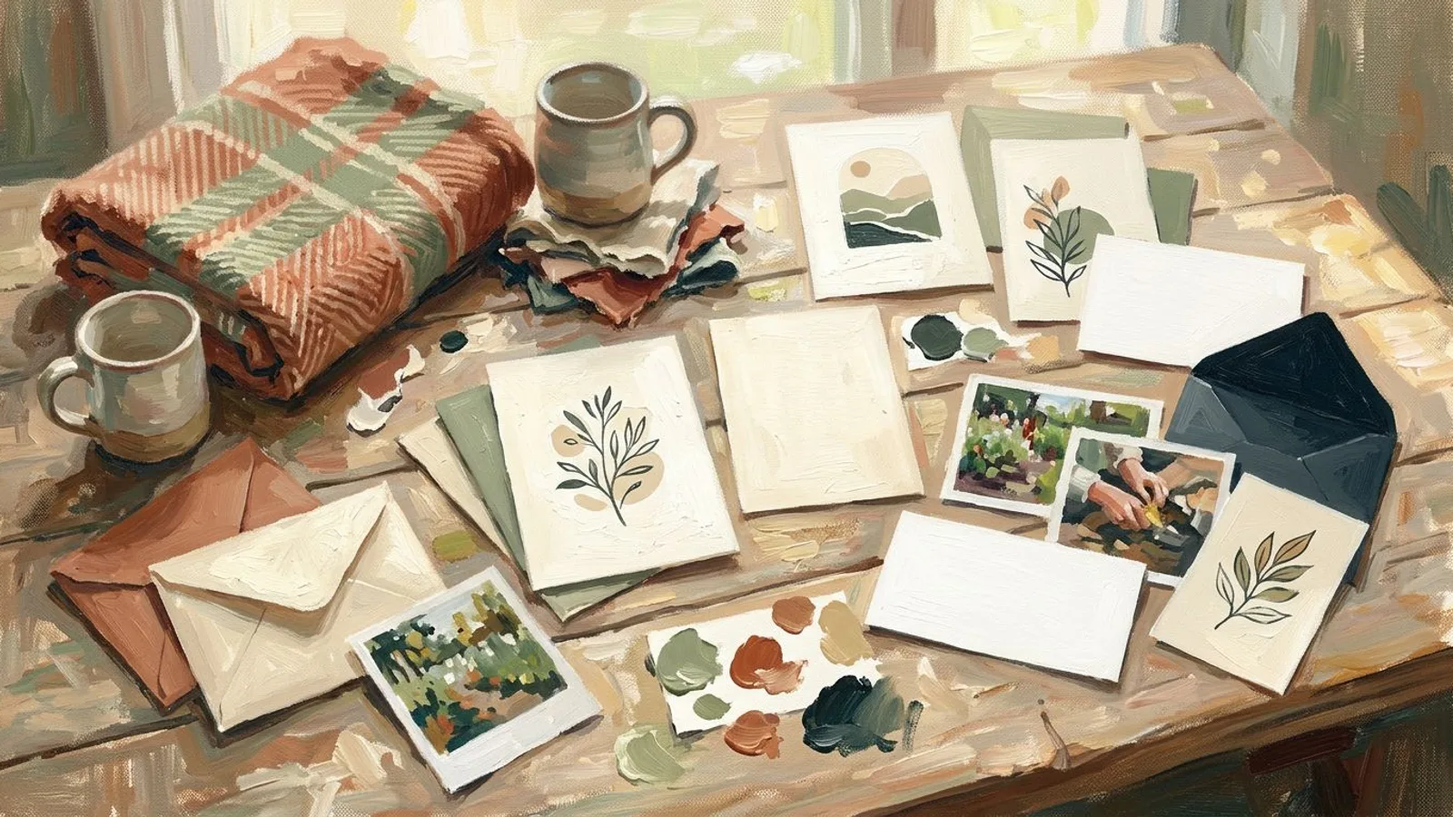 Coordinated campaign materials beside a product, with matching photos and caption cards suggested through objects, without text or interface.