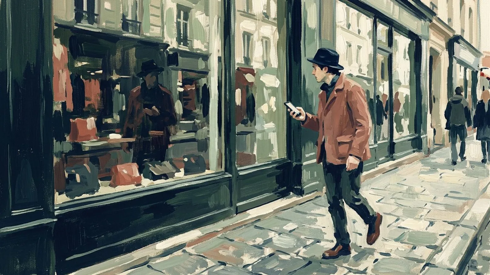 A passerby glances at a shop window while scrolling their phone, never slowing down.