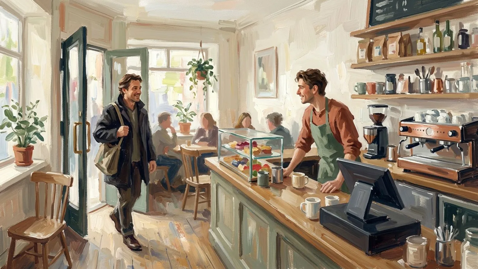 The same passerby returns as a regular, greeted by name at the counter.