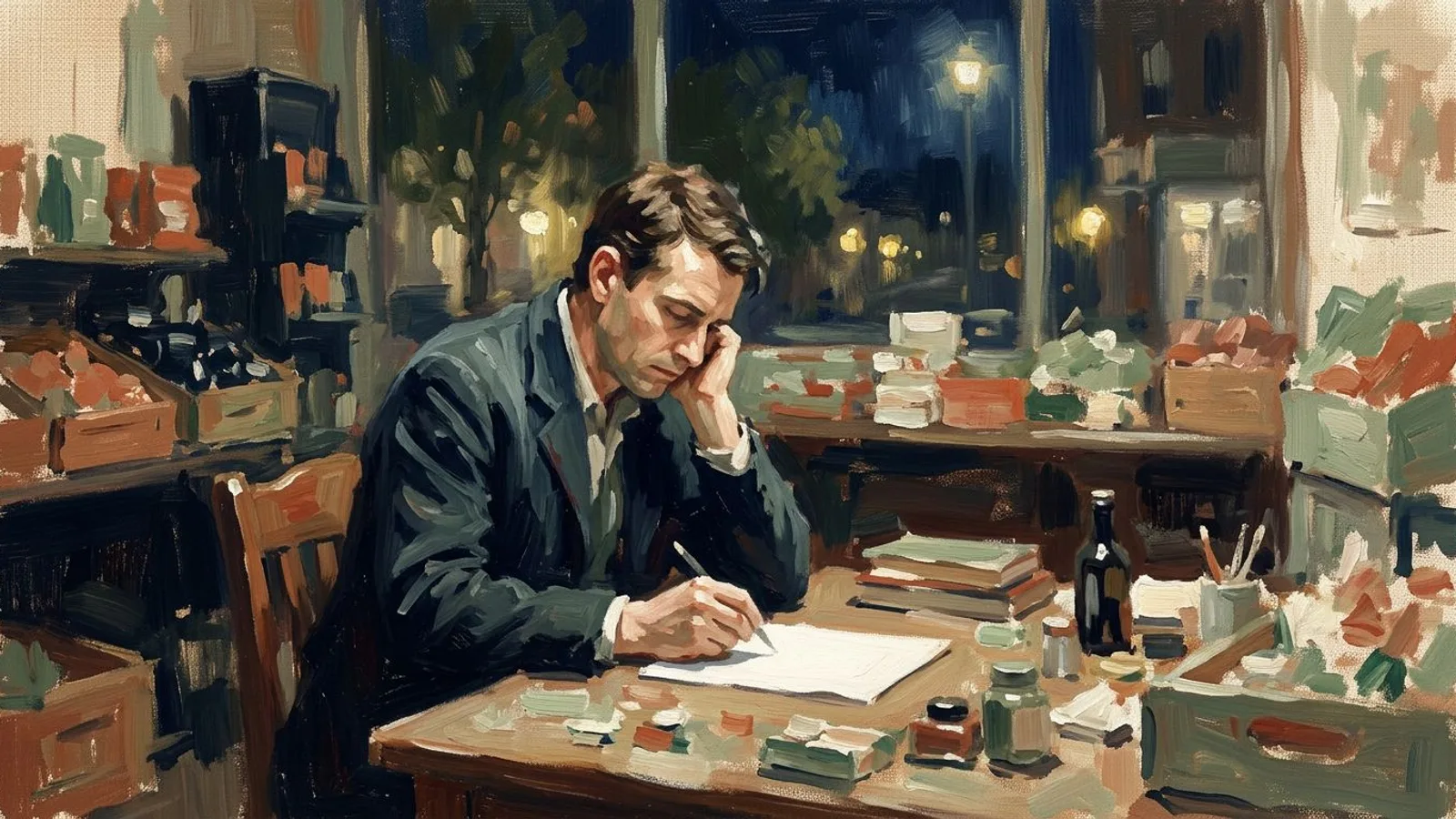 Ein Ladenbesitzer sitzt spät abends am Schreibtisch und starrt auf eine leere Seite, ohne zu wissen, was er schreiben soll.
