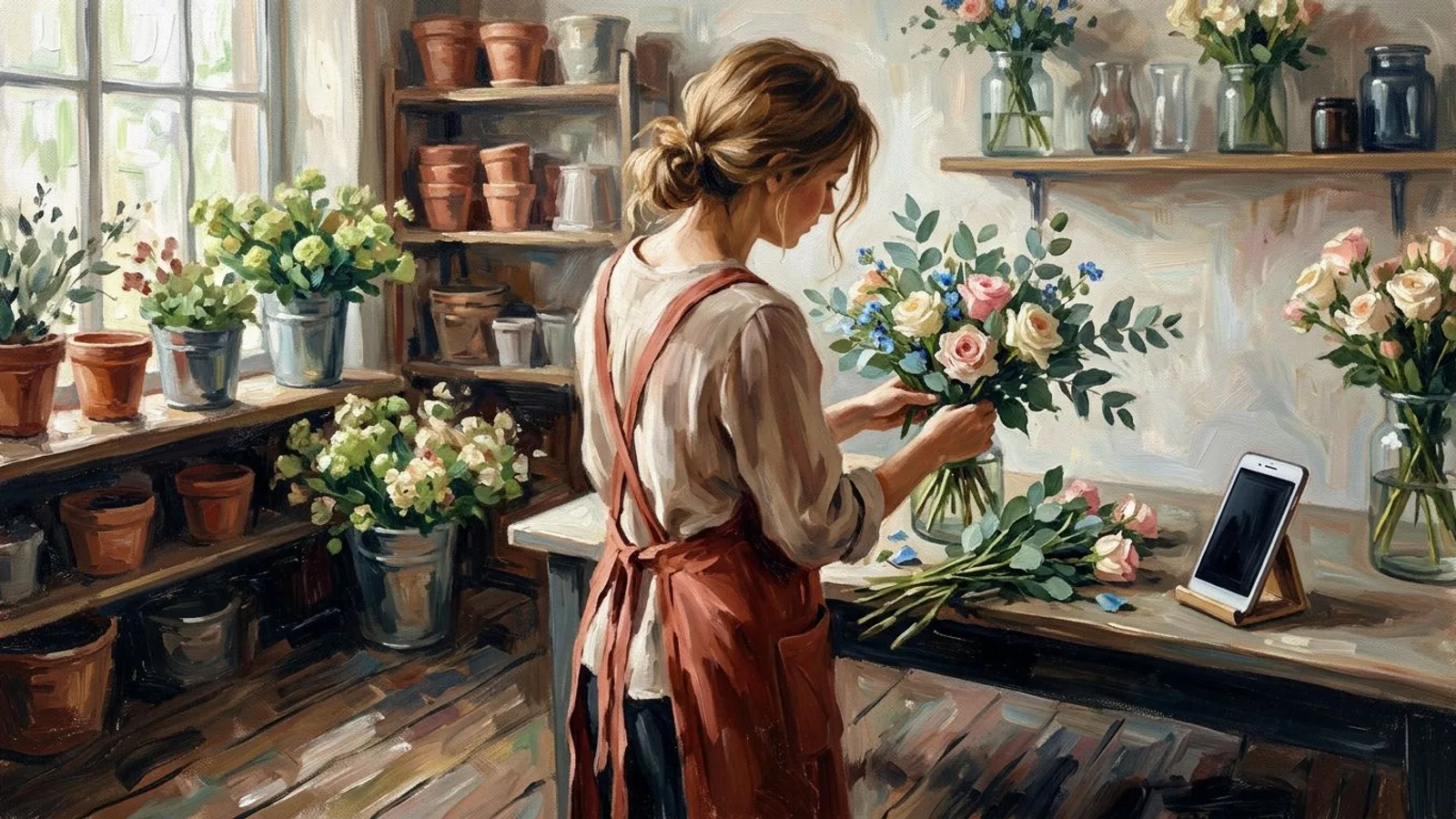 Une fleuriste compose des bouquets seule dans une boutique tranquille, sans savoir qu'une photo de son travail circule en ligne.