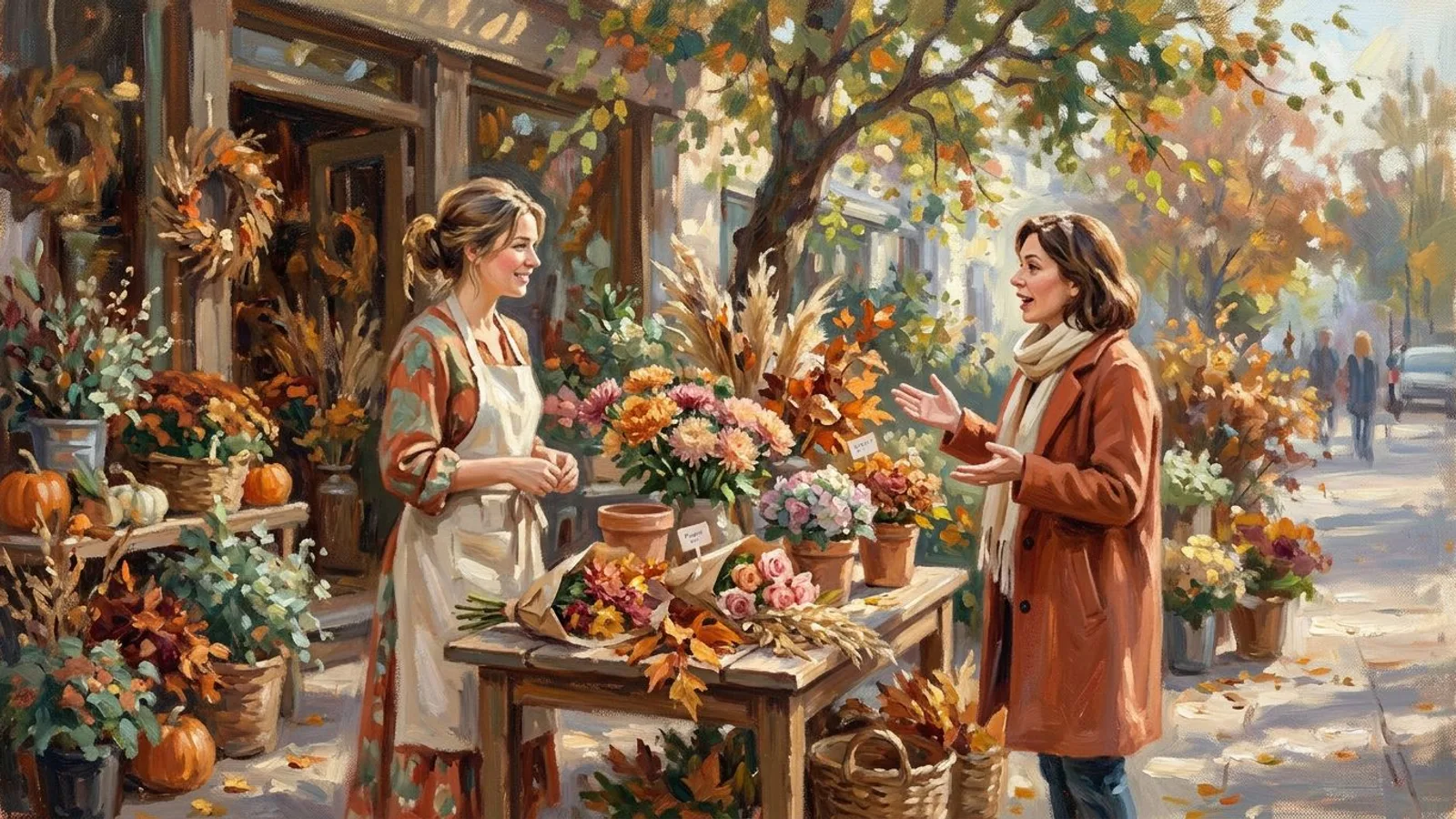 Cette même fleuriste est reconnue par une cliente habituée qui revient à l'automne commander des fleurs pour un mariage.