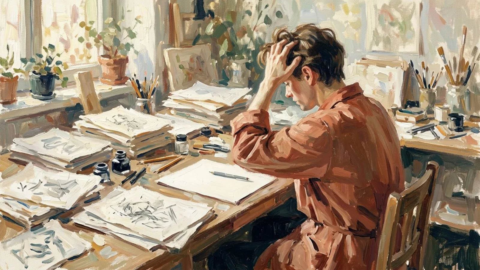 Un artesano solo, en un escritorio lleno de papeles, agobiado tratando de escribir sobre su propio trabajo.