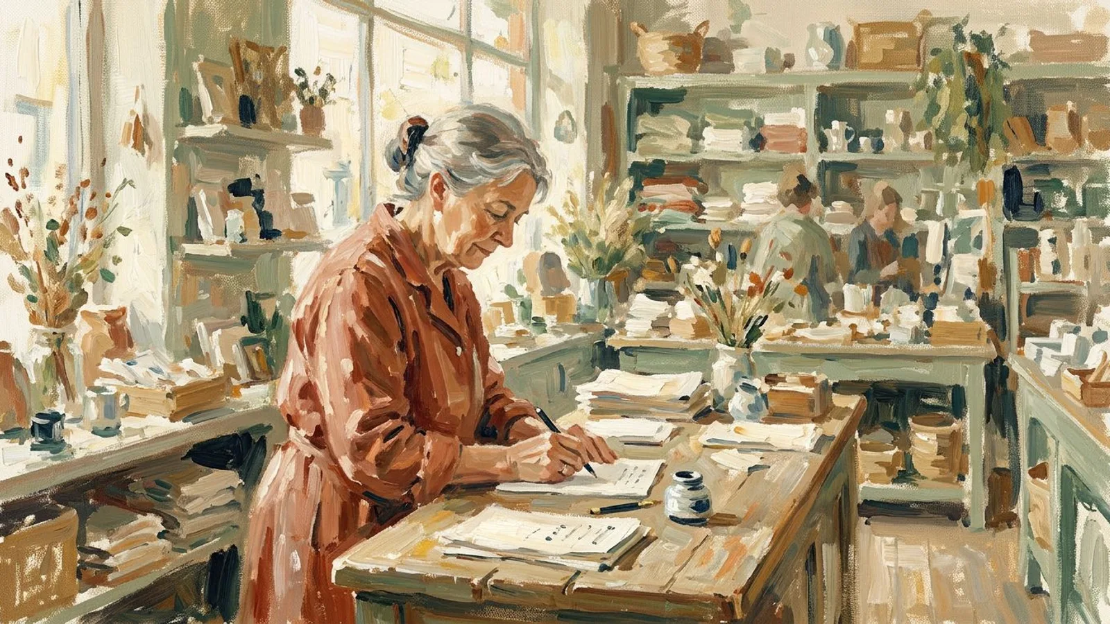 A shop owner writing a thank-you note at the counter.