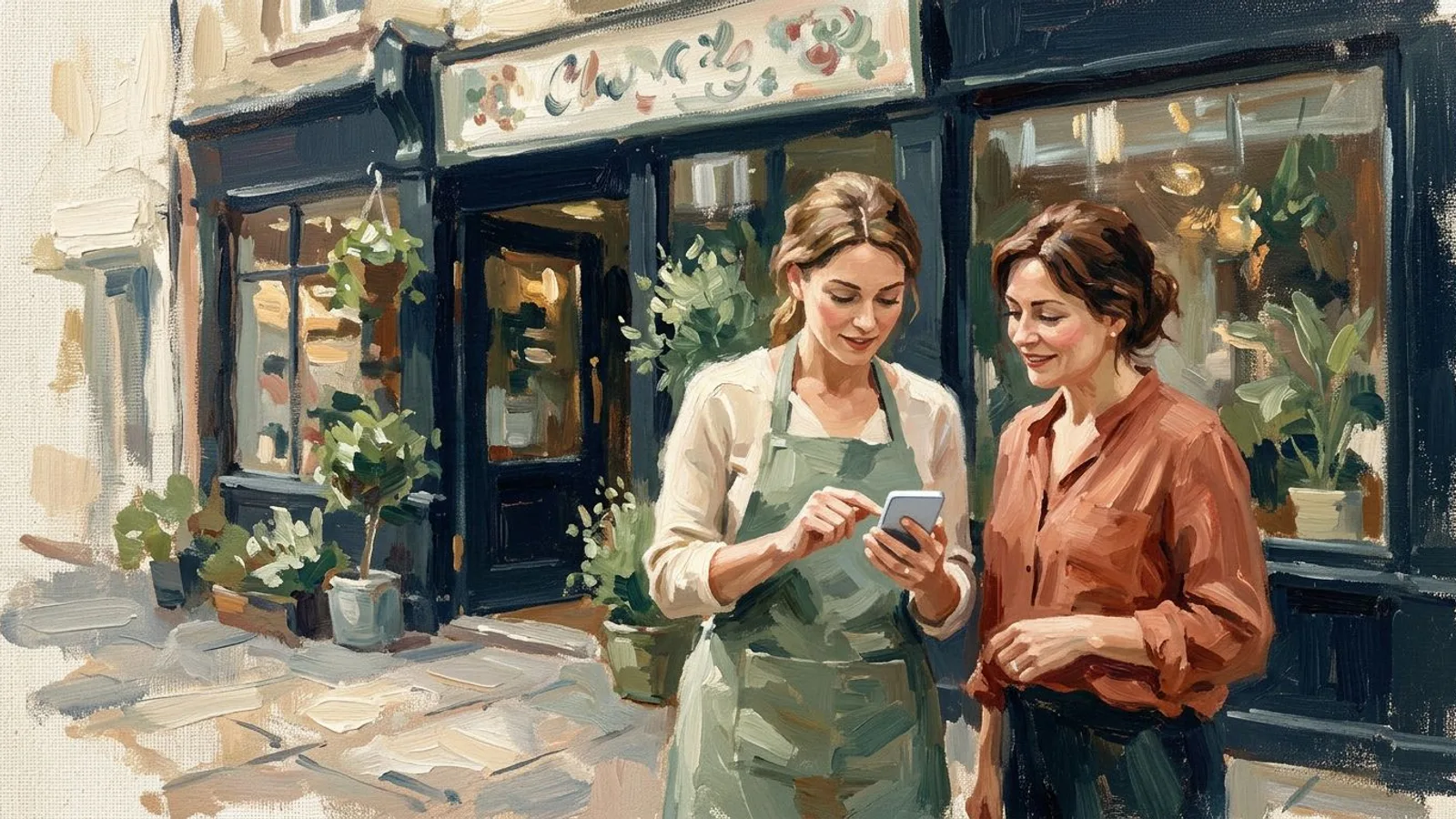 A shopkeeper tagging a neighboring business owner on a phone.