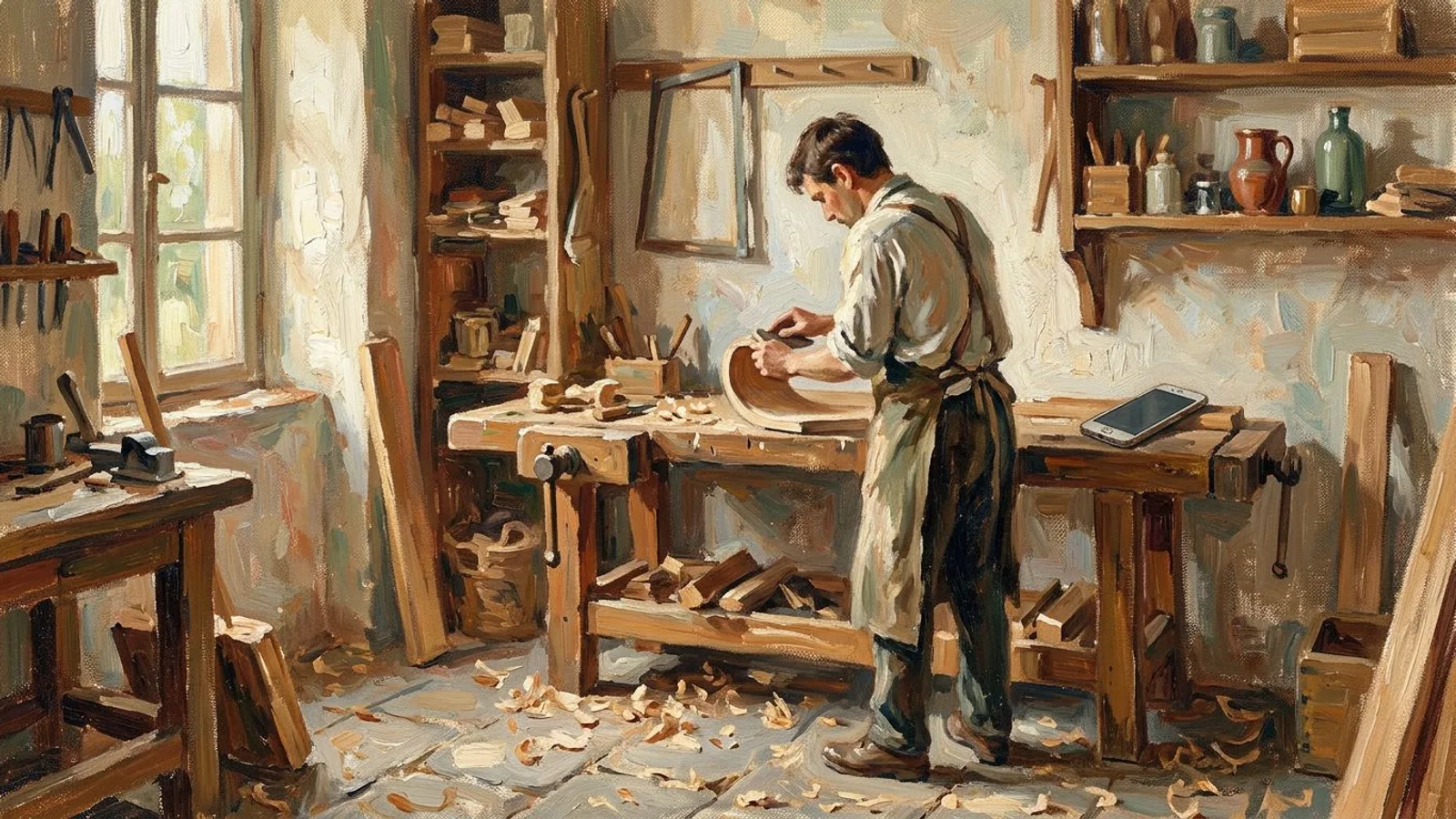 Ein Handwerker beendet still eine gewöhnliche Dienstagsaufgabe in seiner Werkstatt, ohne zu wissen, dass sie Stoff für den nächsten Beitrag ist.