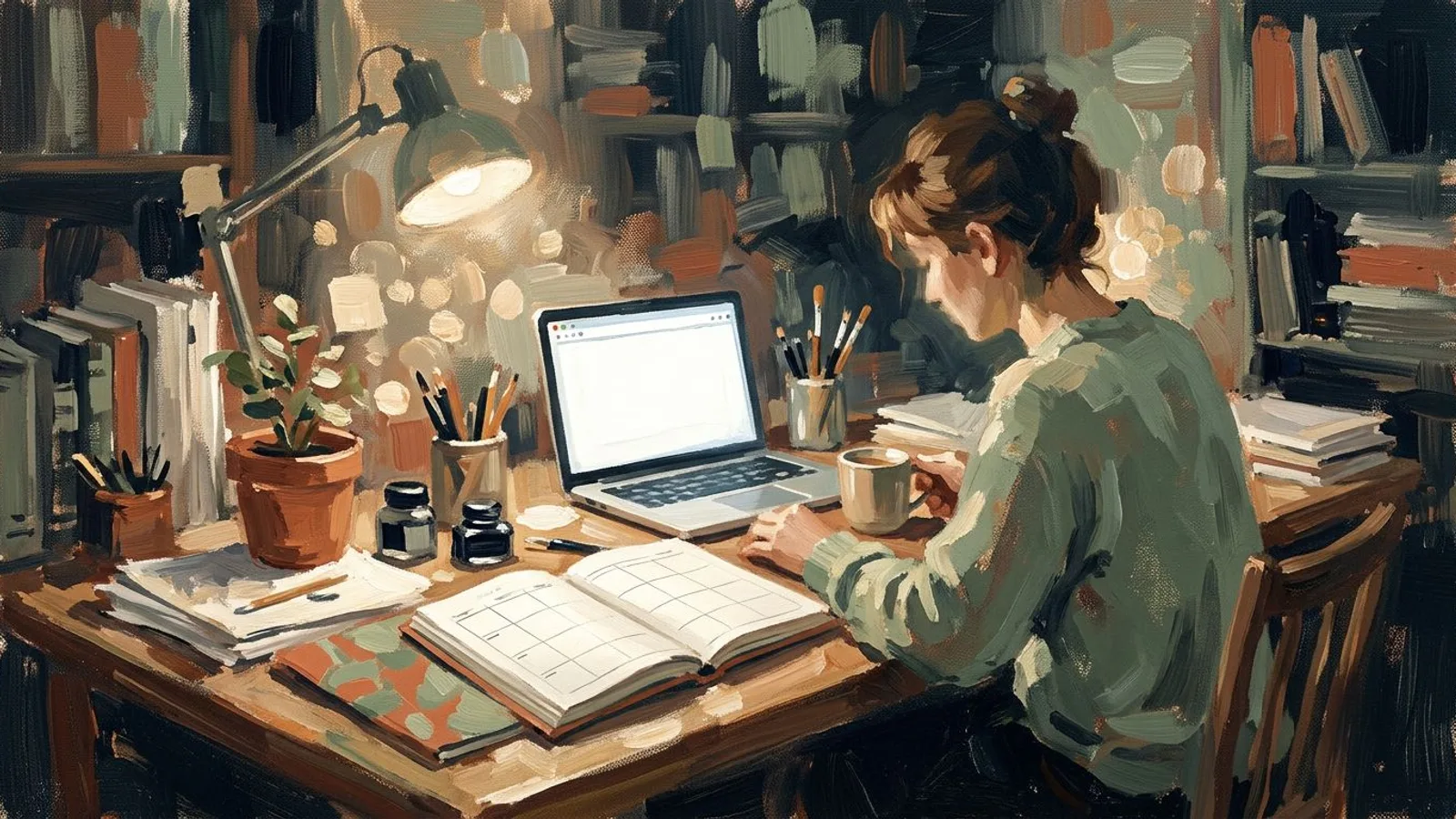 An independent business owner working alone at night, staring at a blank weekly content planner.