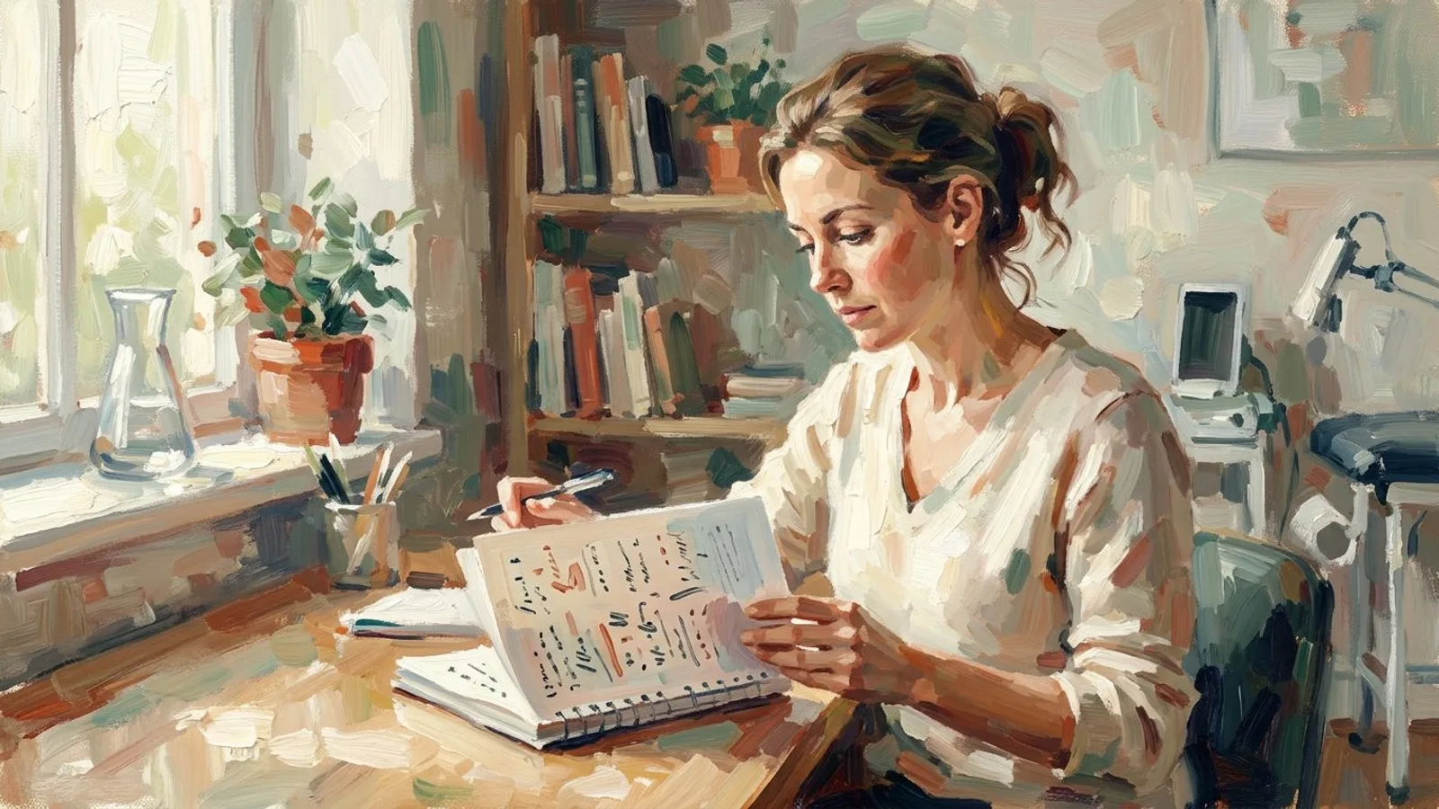 A physiotherapist reviewing handwritten notes in a quiet clinic office in the morning light.