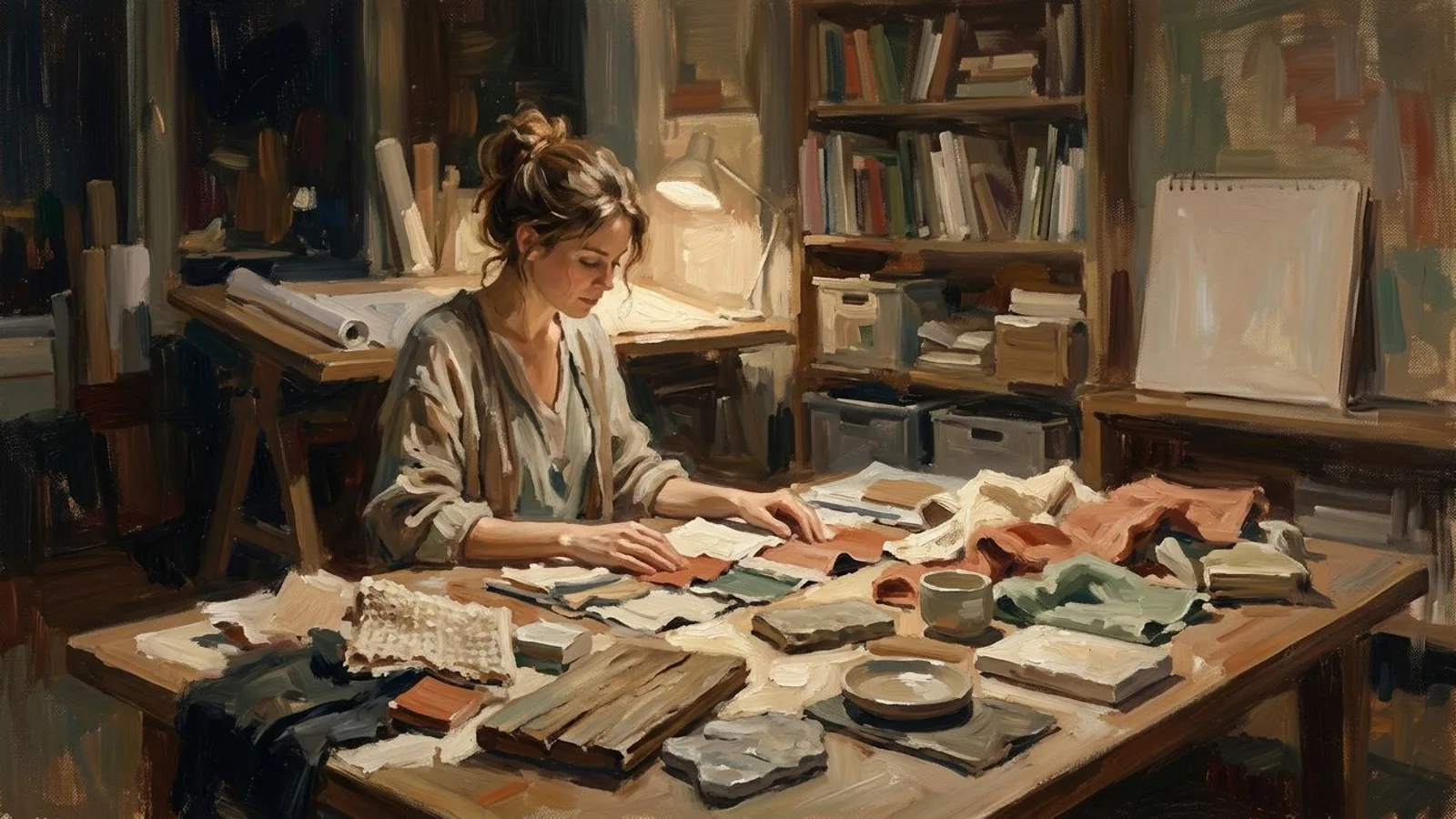 An interior designer alone in her studio at night, surrounded by fabric swatches and material samples.