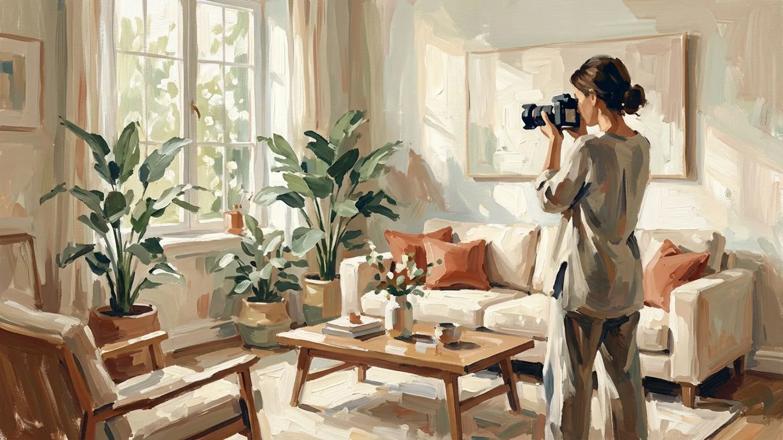 An interior designer photographing a finished living room bathed in natural light, camera in hand.