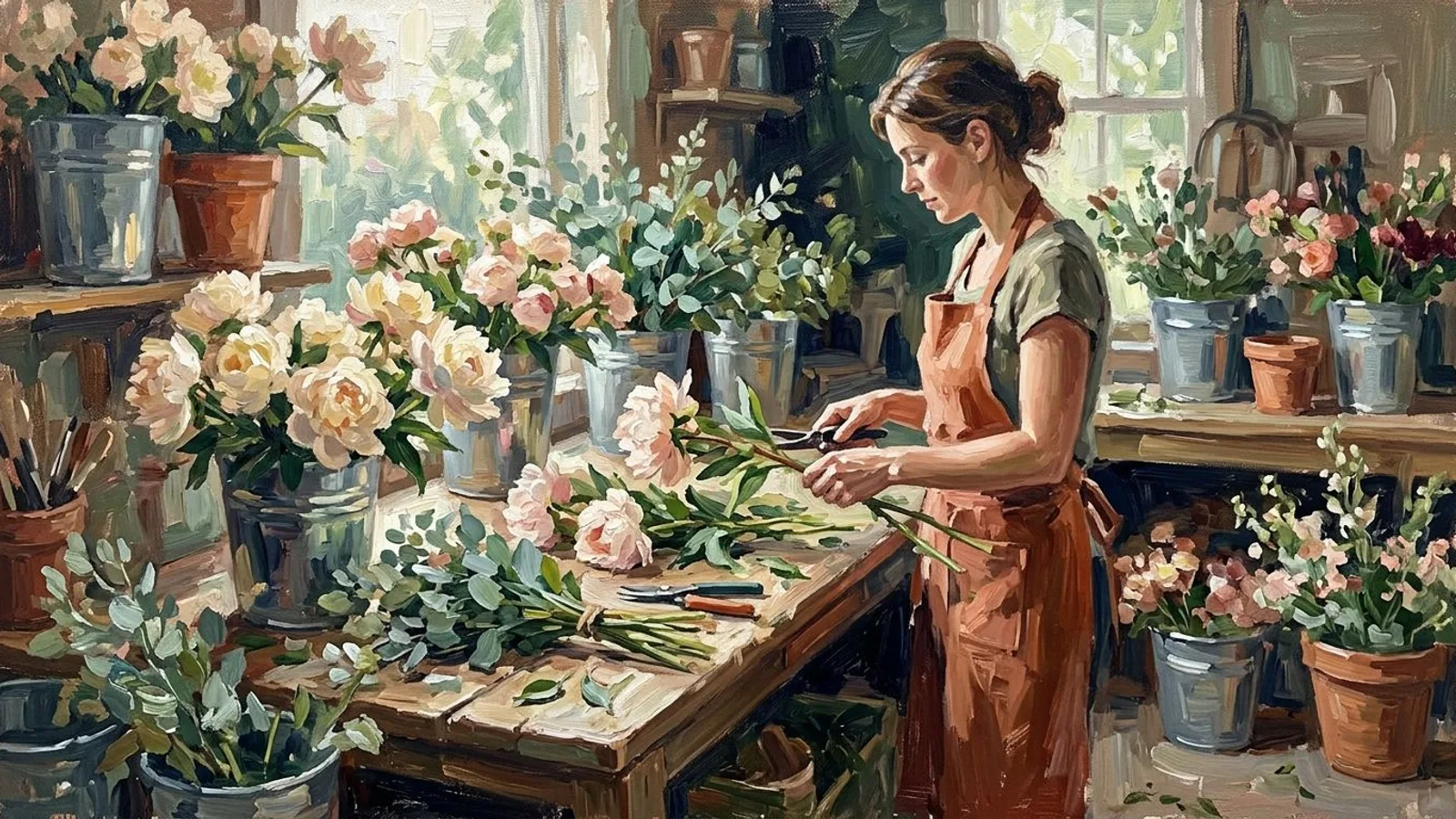 Una florista al amanecer clasificando peonías frescas en su mesa de trabajo antes de un reparto de lunes.