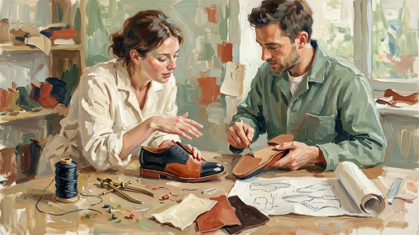 Two founders at a workshop desk explaining the construction of a new shoe prototype, leather swatches around them.