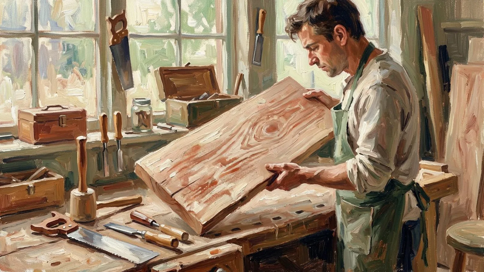 A furniture maker studying the grain of a raw wood plank before the first cut.