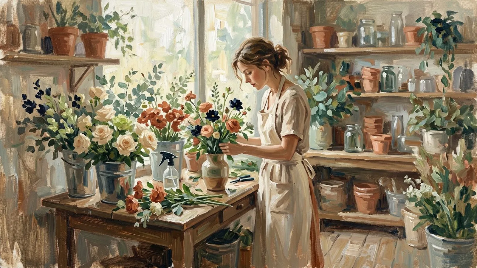 A florist arranging fresh flowers alone in her small shop in the early morning quiet.