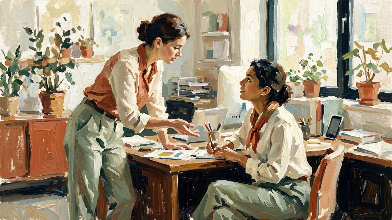 Two colleagues in a bright office, one pointing something out to the other.