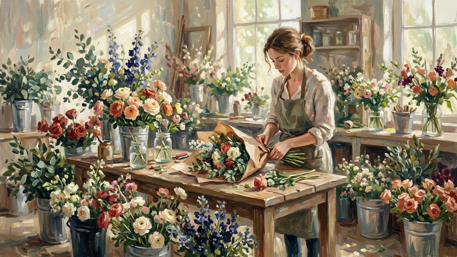 A florist wrapping a bouquet at her worktable, surrounded by buckets of fresh stems.
