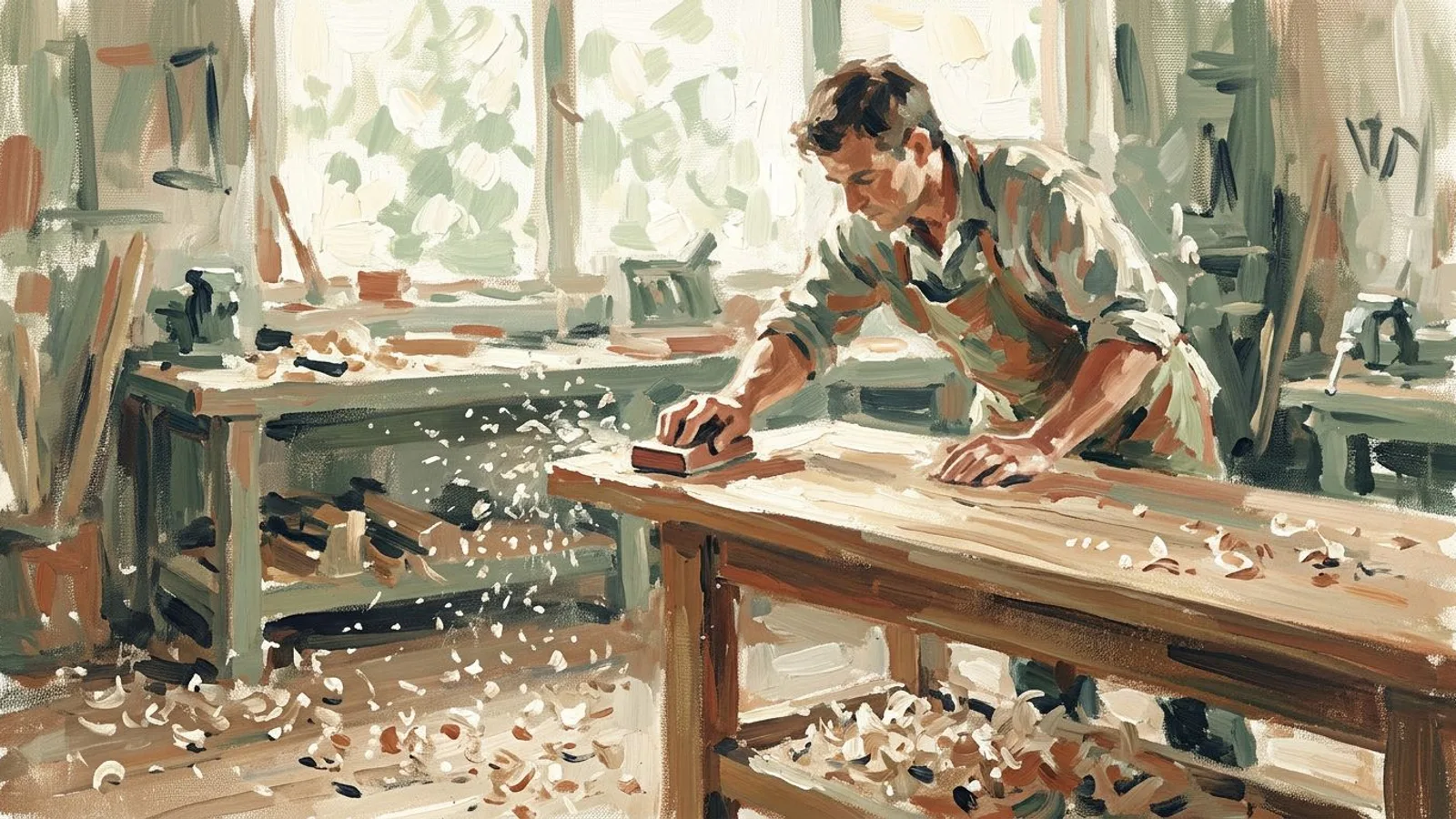 A craftsman sanding a wooden table in a sunlit workshop, wood shavings scattered around.