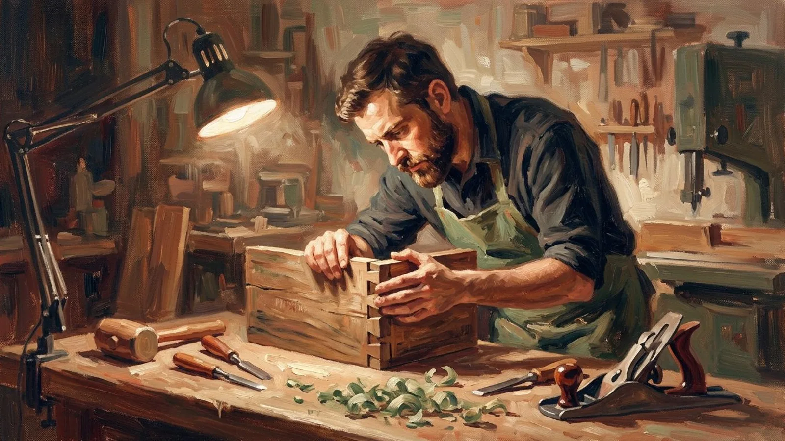 A cabinet-maker examining a wood joint closely under a work lamp late in the evening.