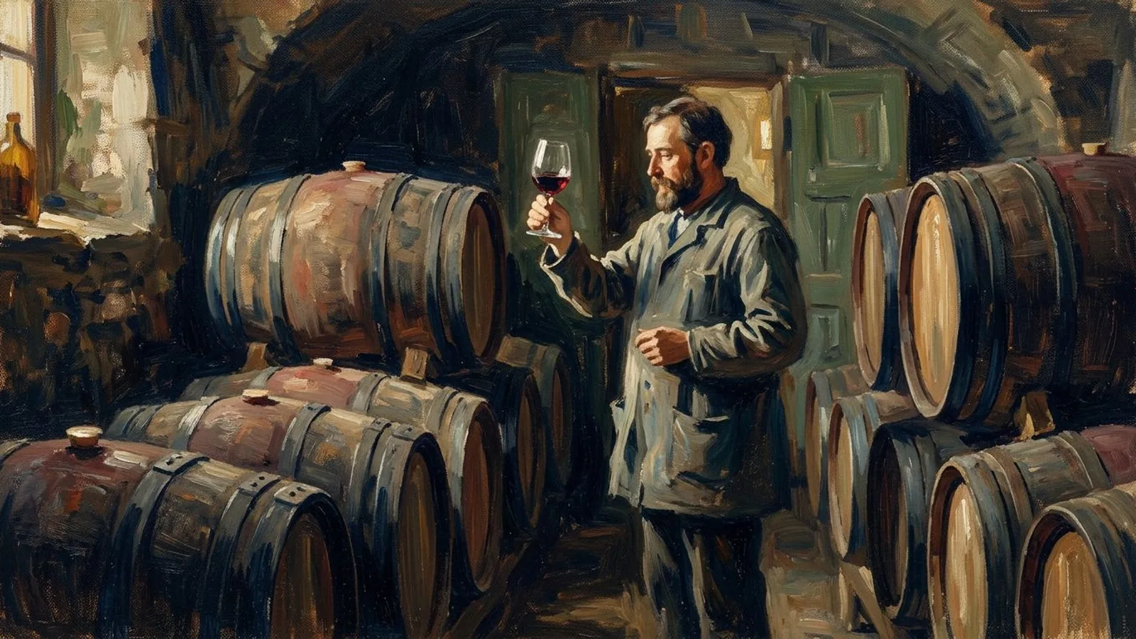 A wine merchant standing among barrels in a dim cellar, holding a glass up to the light.