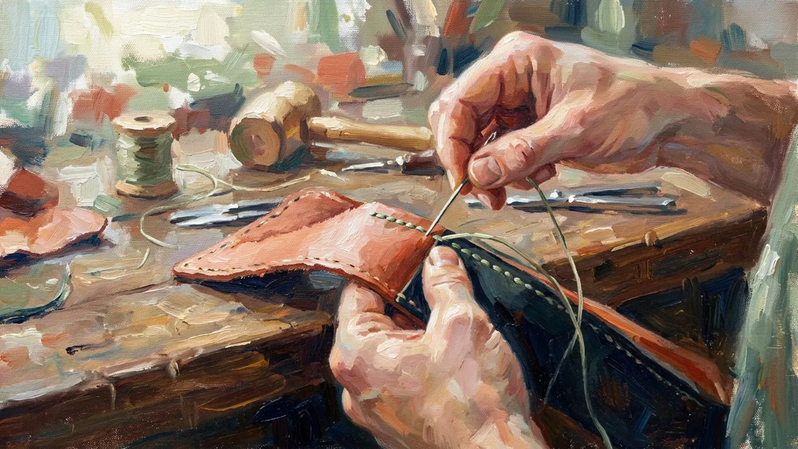 A close-up of hands stitching the edge of a leather bag at a workbench.