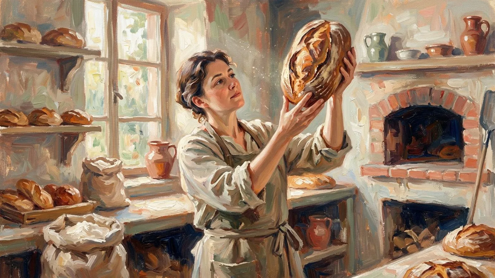 A baker holding up a freshly baked loaf of bread to the light, examining the crust.