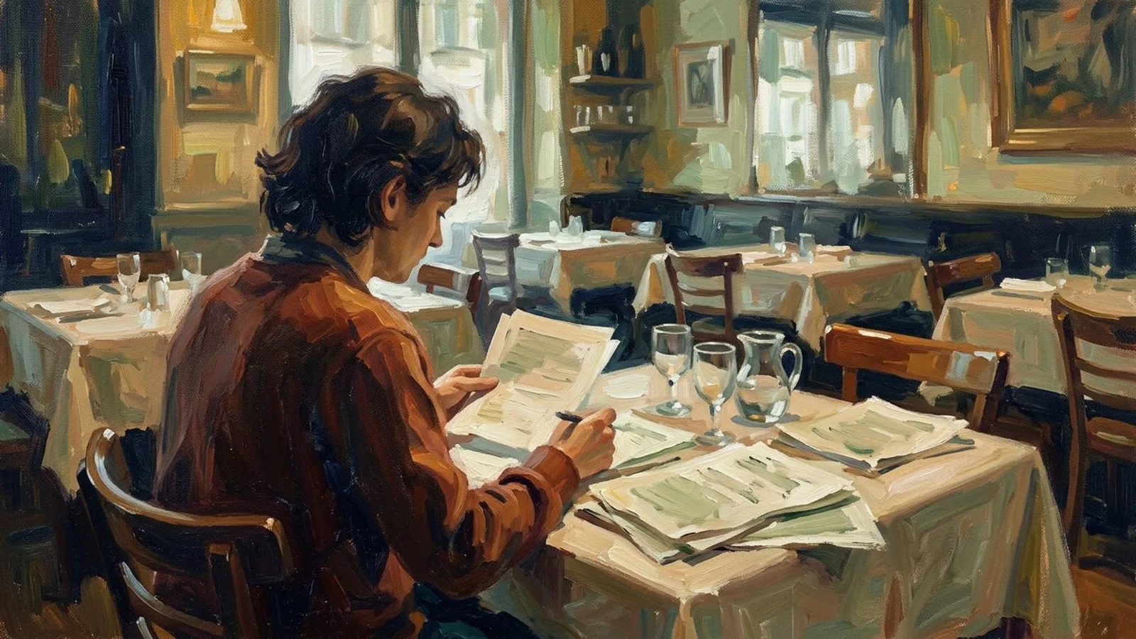 A restaurant owner sitting alone at a quiet table before opening hours, reviewing papers.