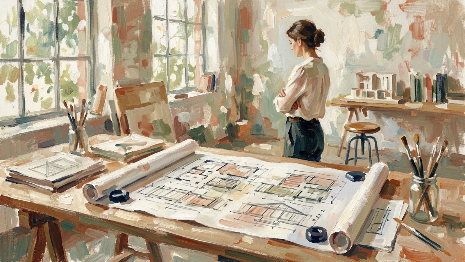 An architect standing back from a table, looking over unrolled plans laid out in order.