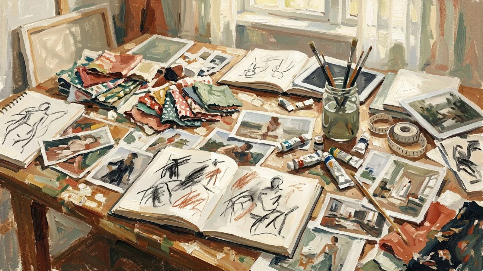 A designer's worktable scattered with fabric swatches, sketches, and photographs waiting to be arranged.