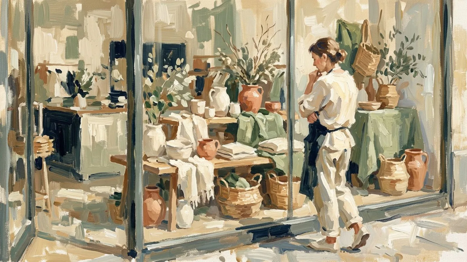 A shopkeeper stepping back to view a finished window display, checking every piece belongs together.