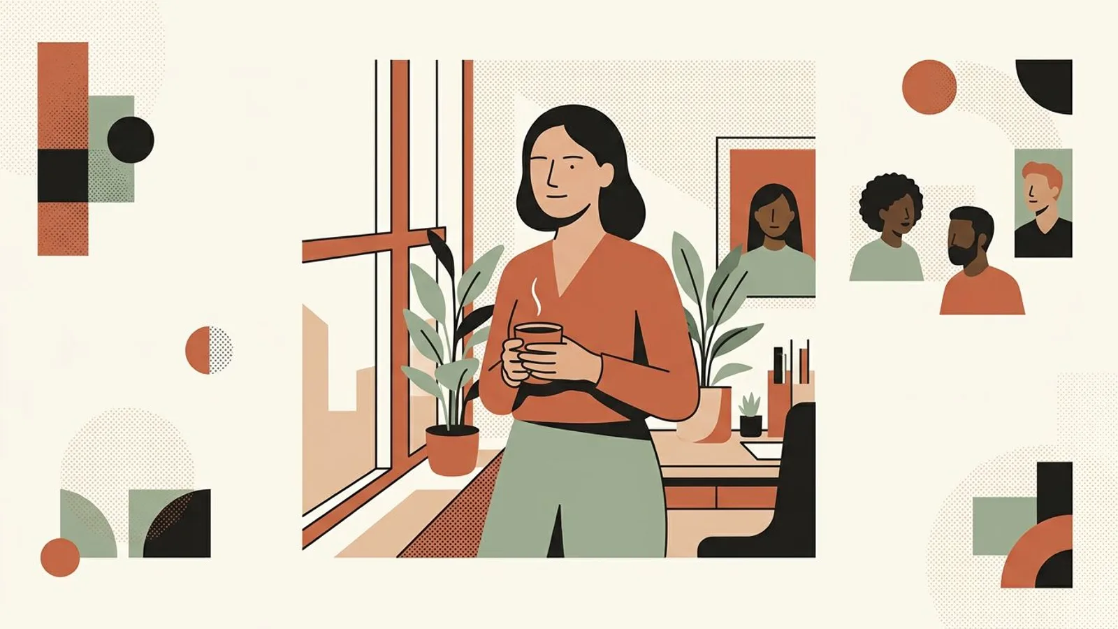 A coach stands relaxed by a window, at ease now that her feed attracts the right high-paying clients.