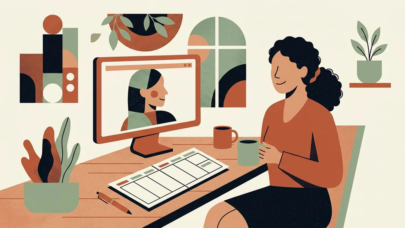A coach on a confident video call beside an orderly planner, meeting a well-matched paying client.
